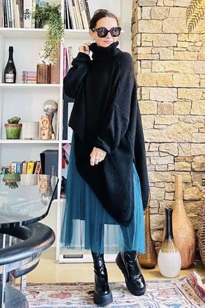 Made in Italy Big Softie Roll Neck Super Slant Knit Top Black